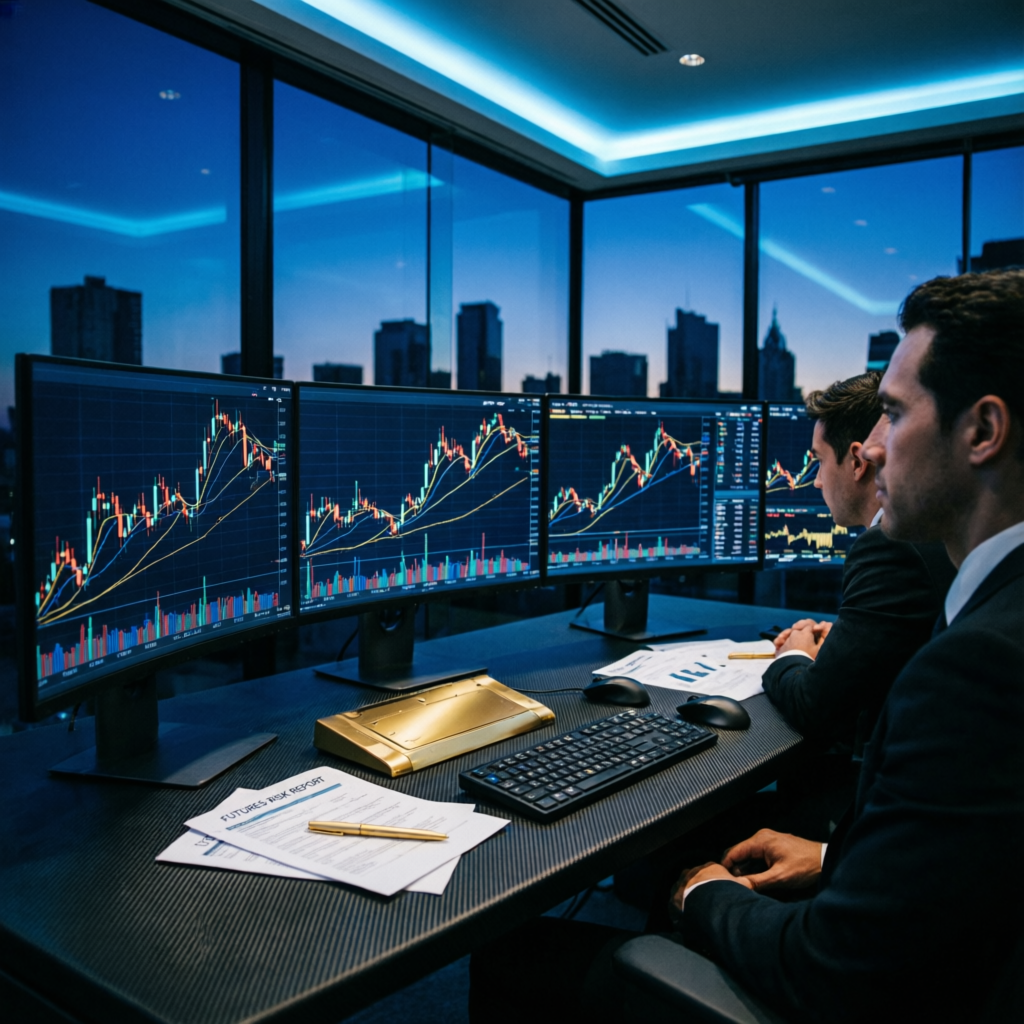 Futures trading prop firm office with multiple traders monitoring charts