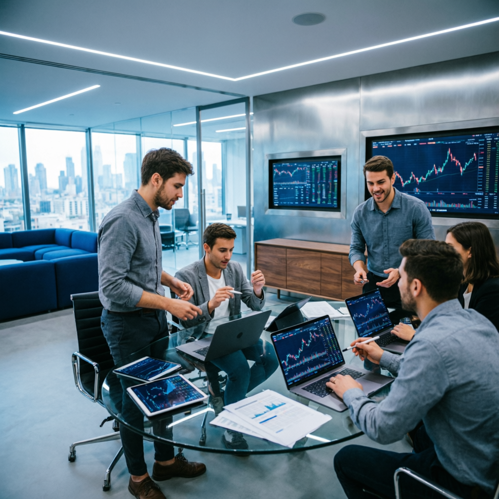 Trading team collaborating in modern prop firm office