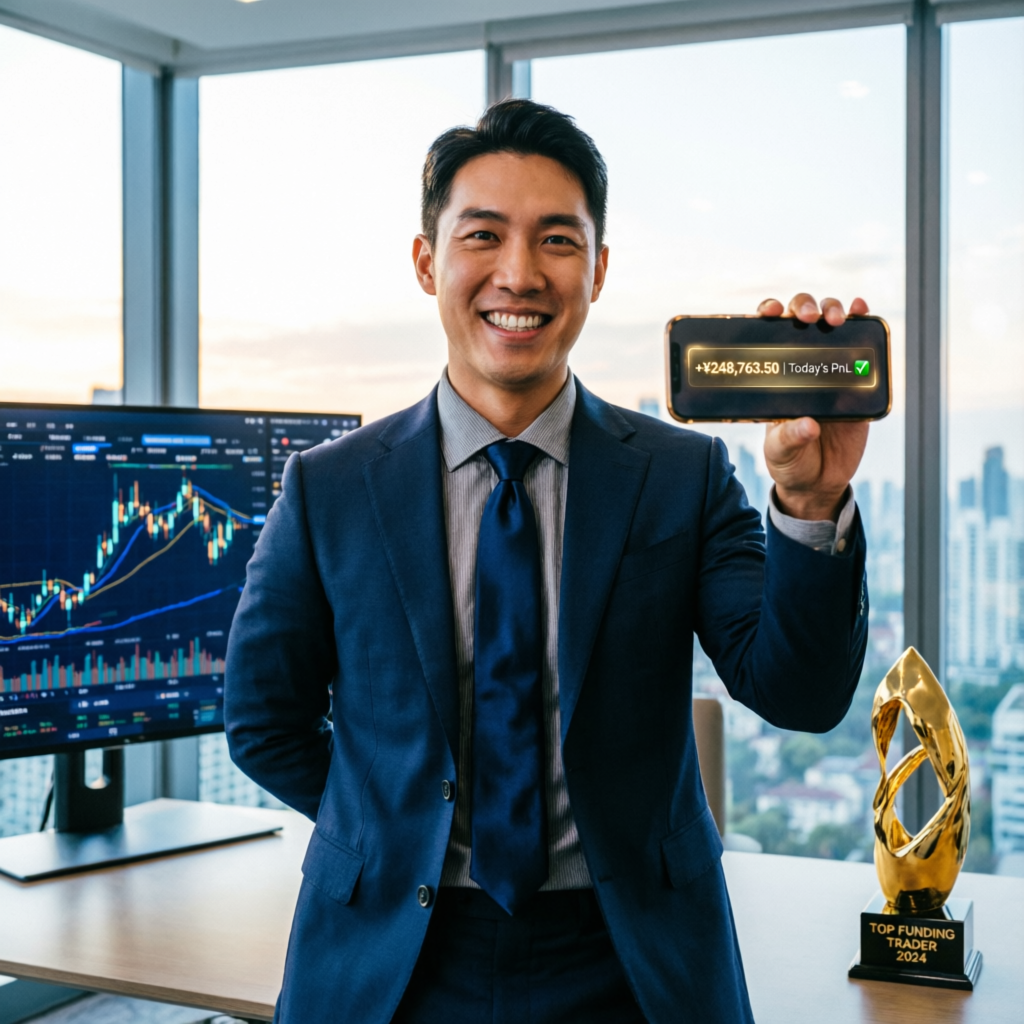 Successful trader showing profit notification on phone with trophy