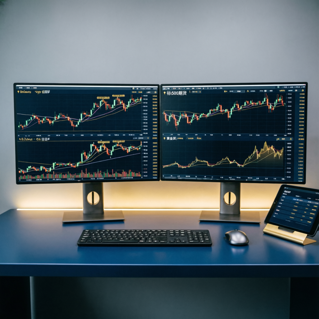 Professional trading desk with multiple monitors showing forex and futures charts