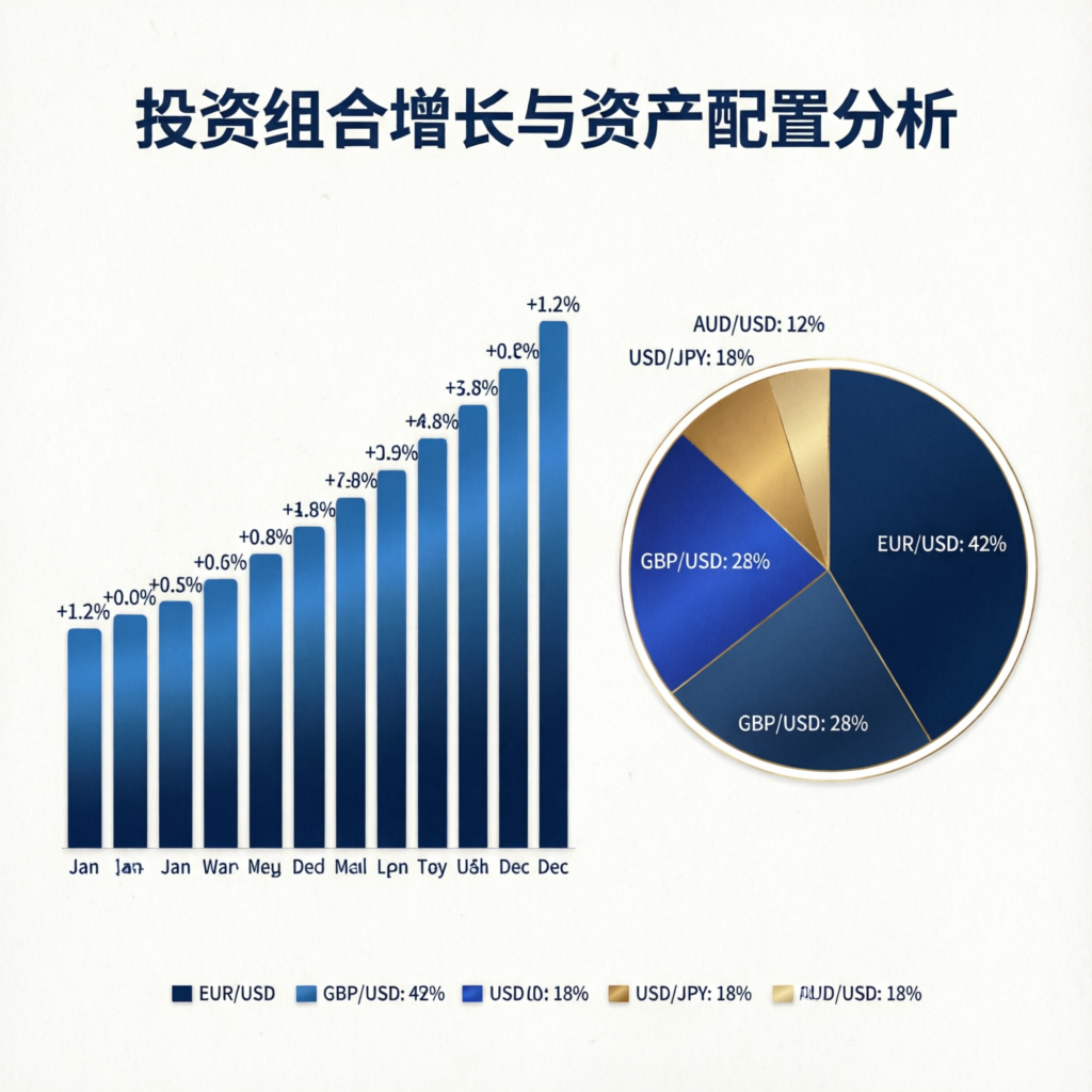 Investment portfolio growth chart showing consistent monthly returns and asset allocation