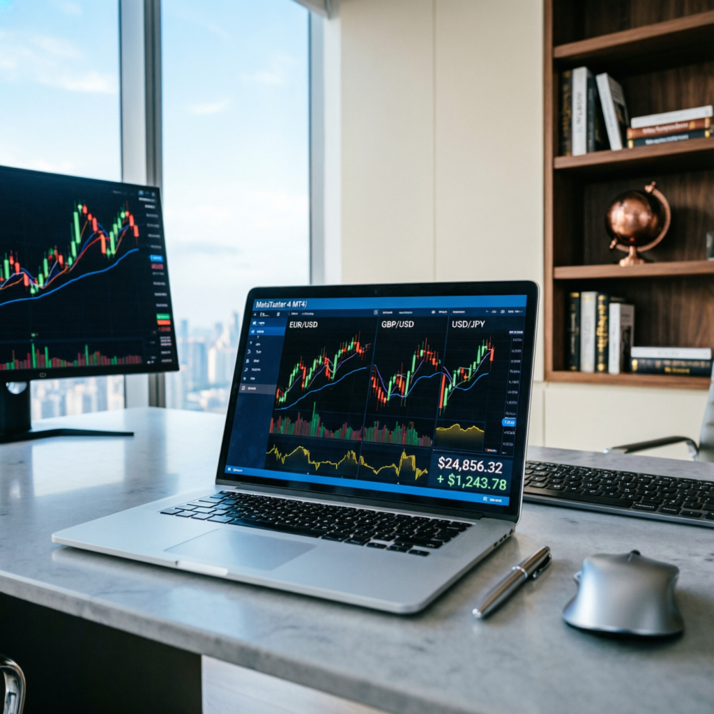 Professional forex trading workspace with multiple monitors displaying MT4 platform and currency pair charts