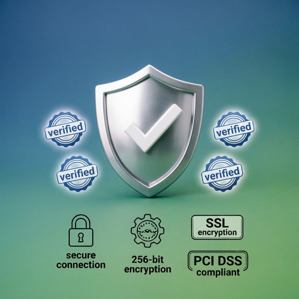 Trust and security concept showing verified badges and SSL encryption for financial services