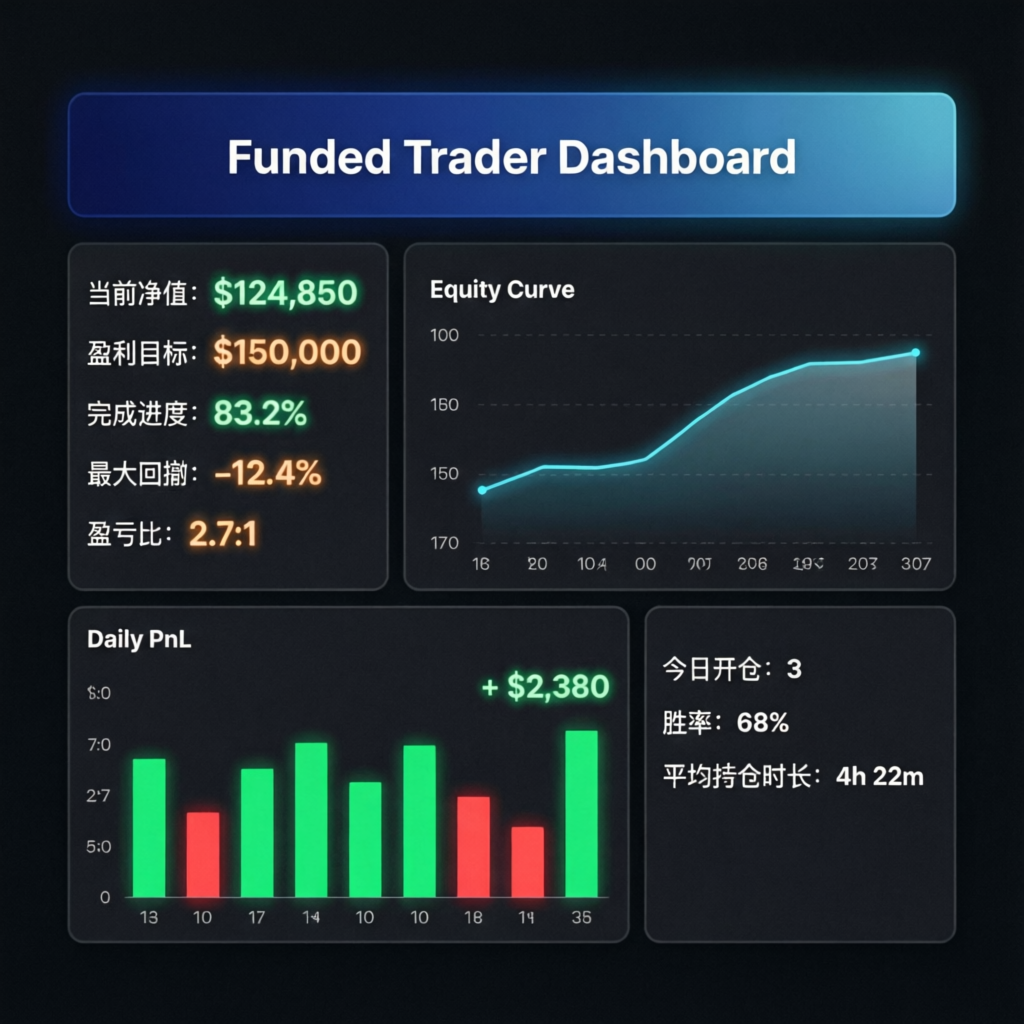 Funded trader dashboard showing account metrics, equity curve, and daily PnL