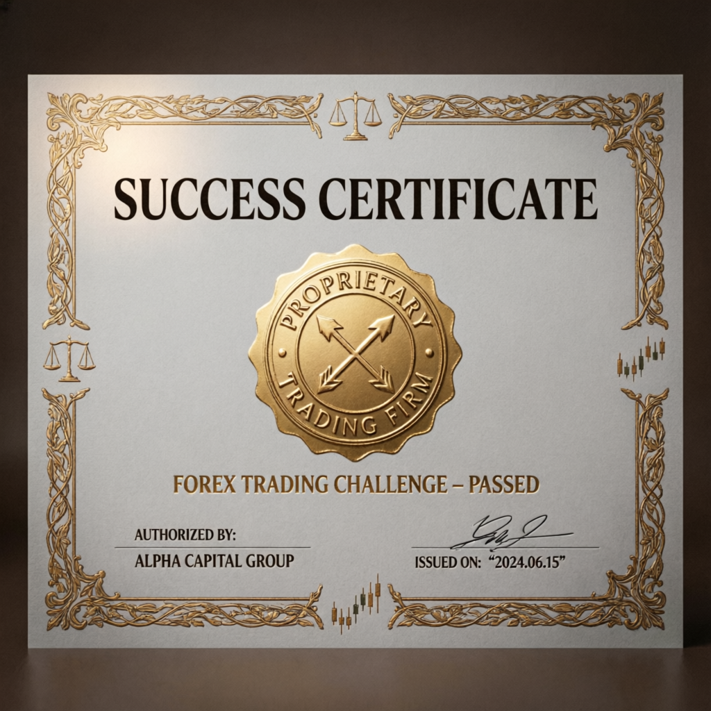 Success certificate for passing forex trading challenge from proprietary trading firm