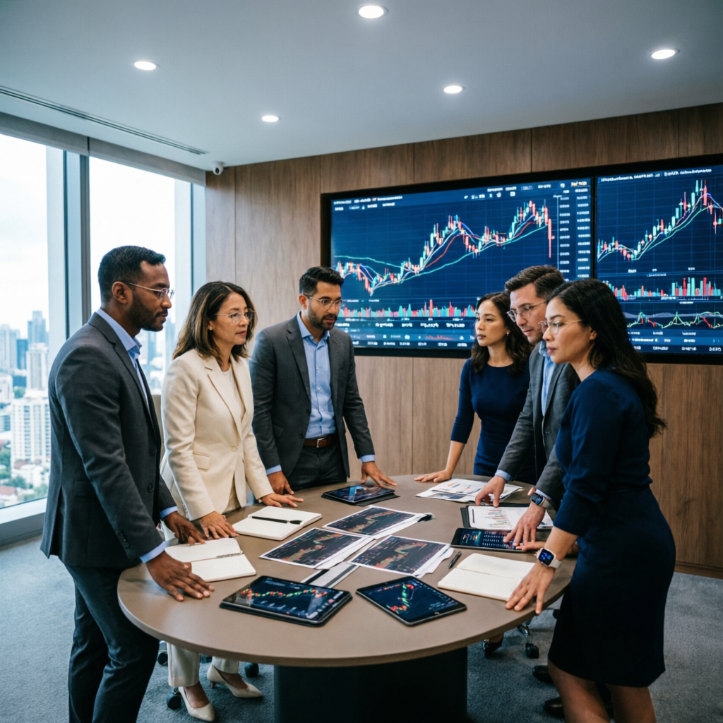Professional forex trading team meeting analyzing charts and market data