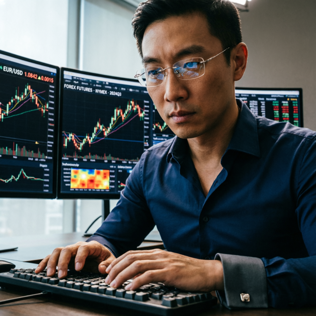 Professional futures trader analyzing Apex Trader Funding charts with multiple monitors