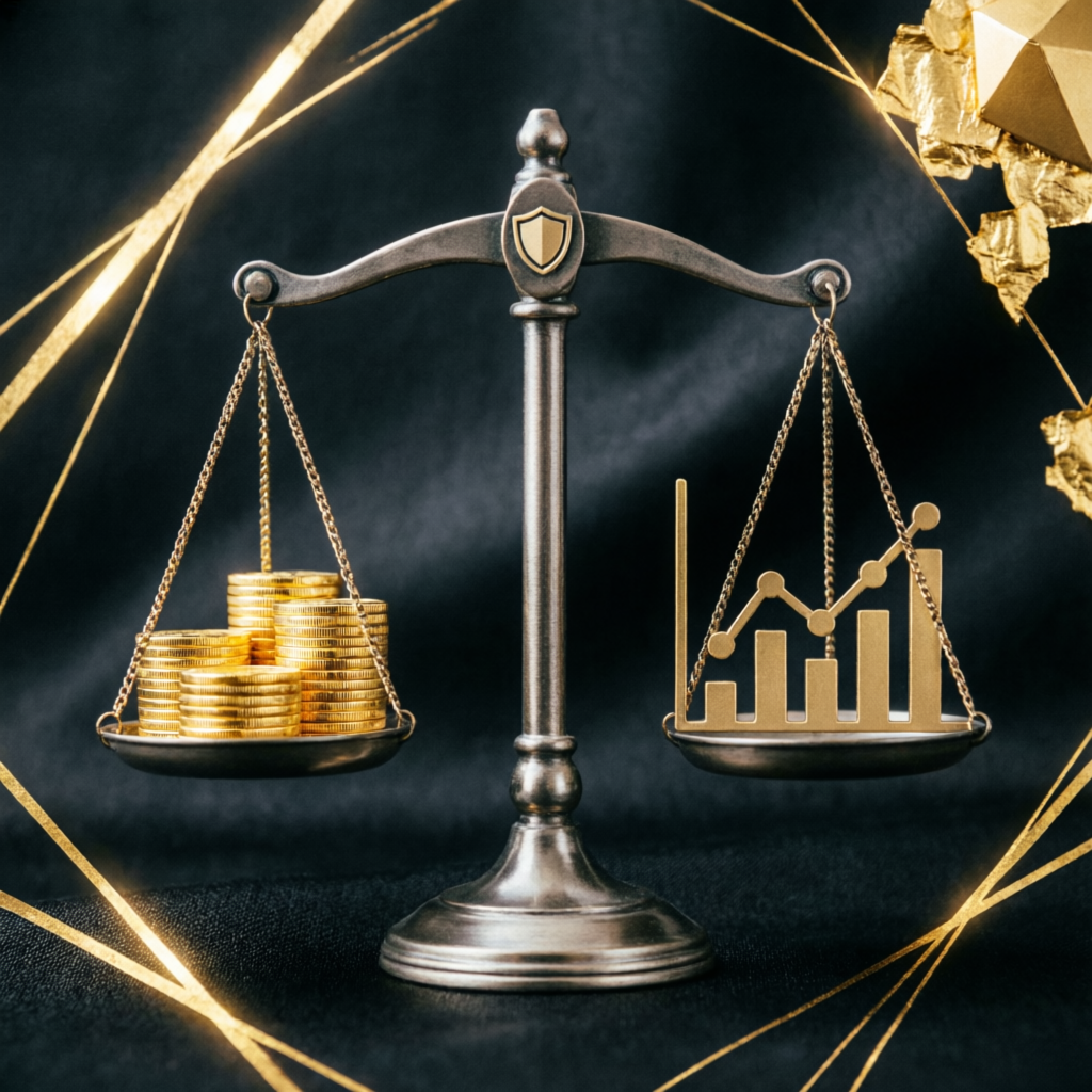 Risk management concept with golden scales balancing profits and charts
