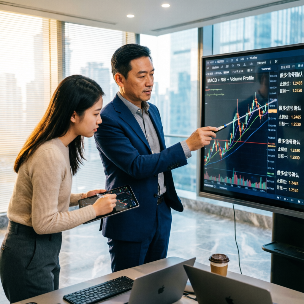 Trading mentor guiding student through strategy on large screen with charts