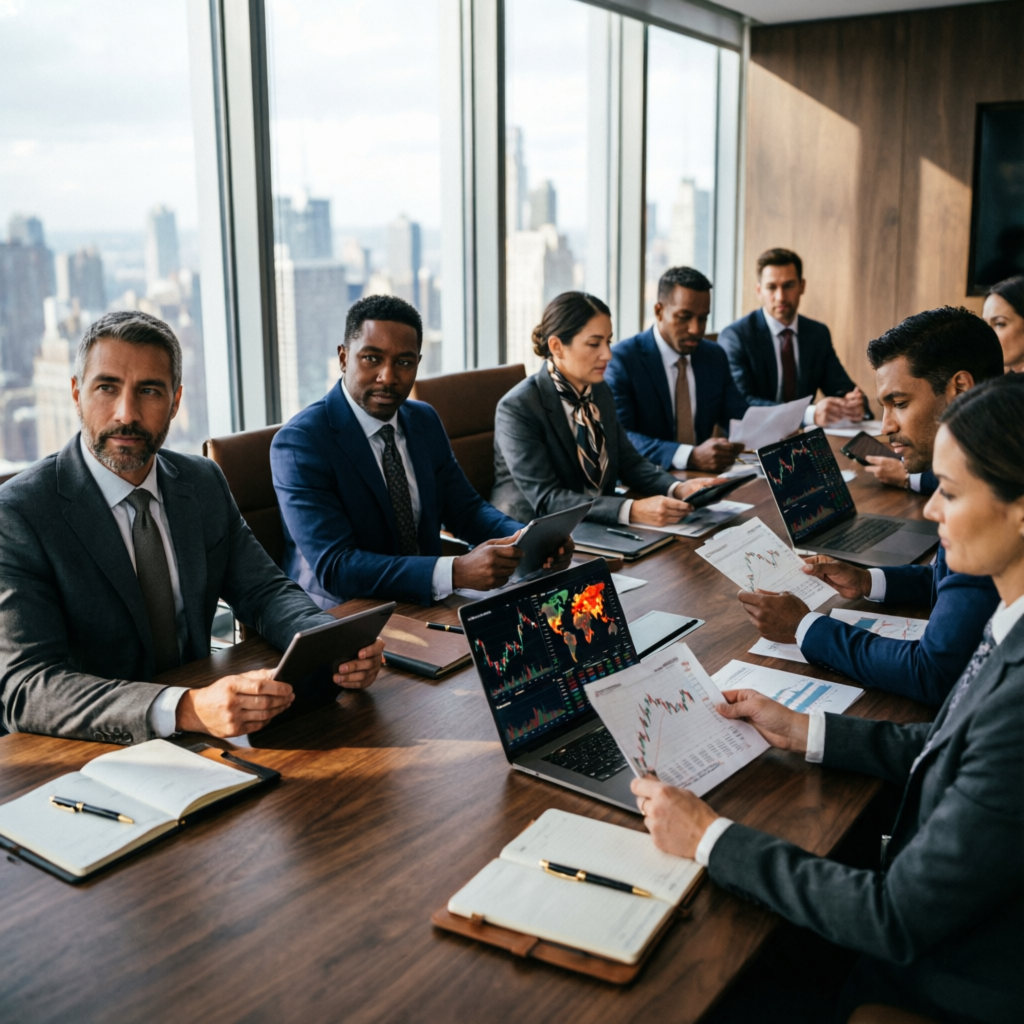 Professional team of financial experts analyzing trading data in corporate boardroom