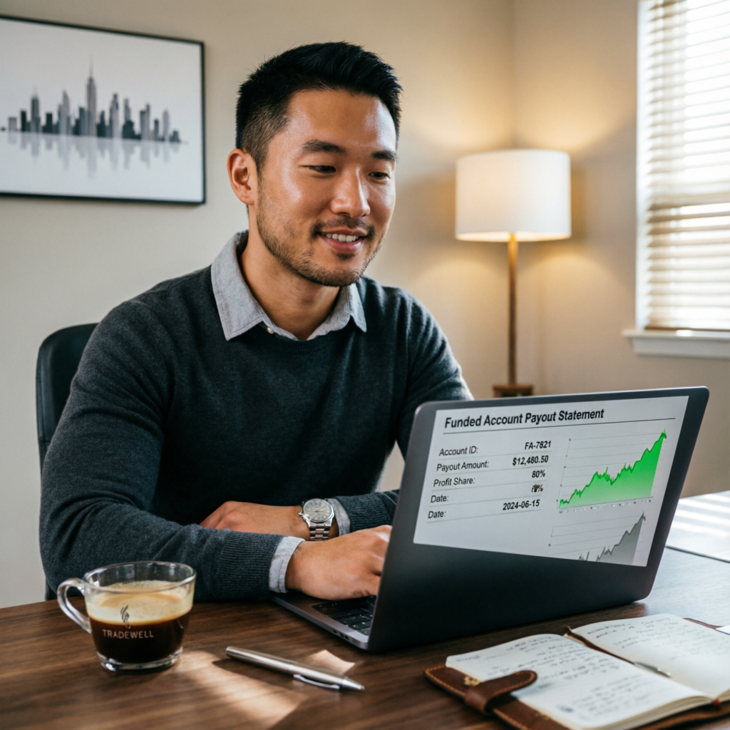 Trader reviewing funded account payout statement showing profit growth