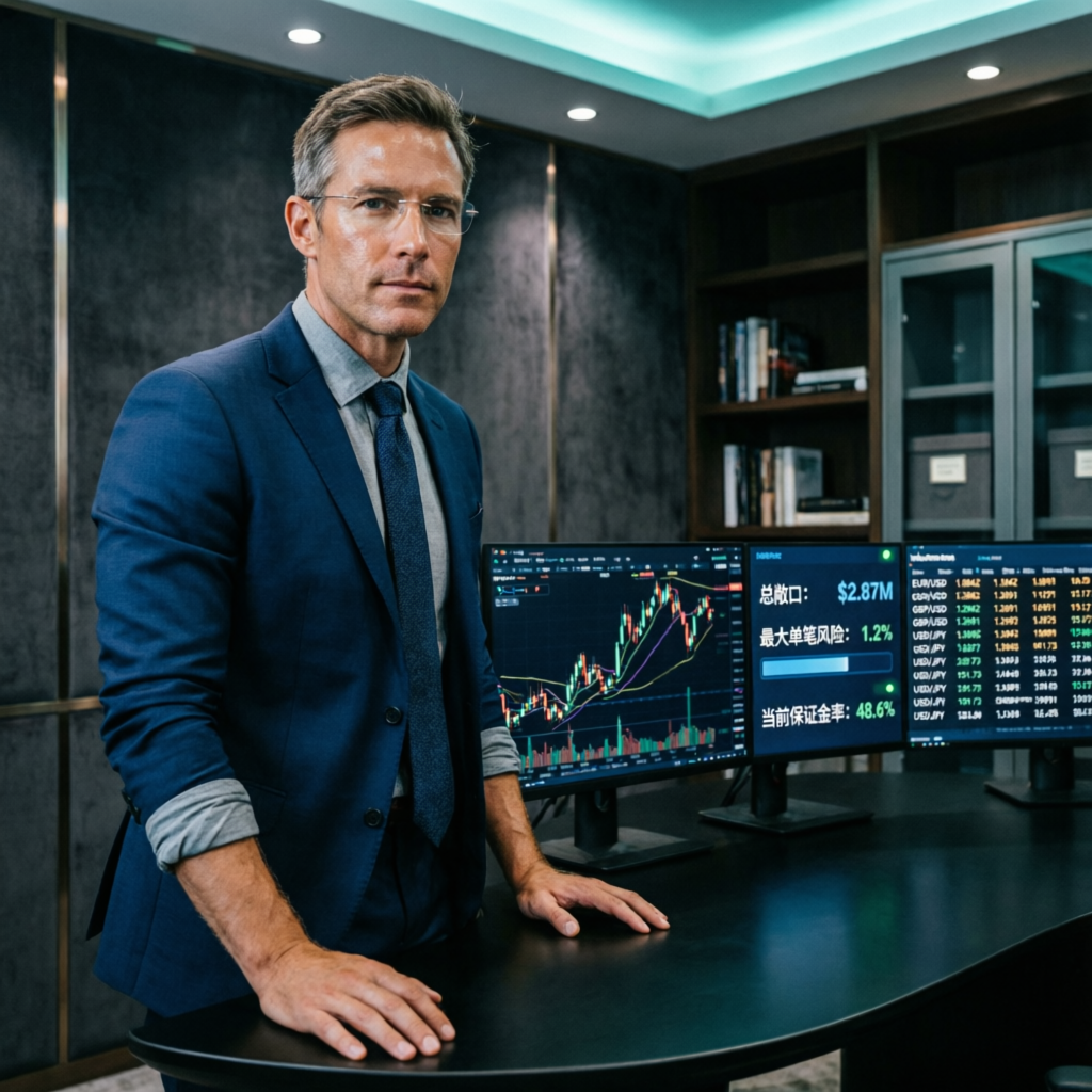 Professional risk management trader with multiple screens showing portfolio metrics