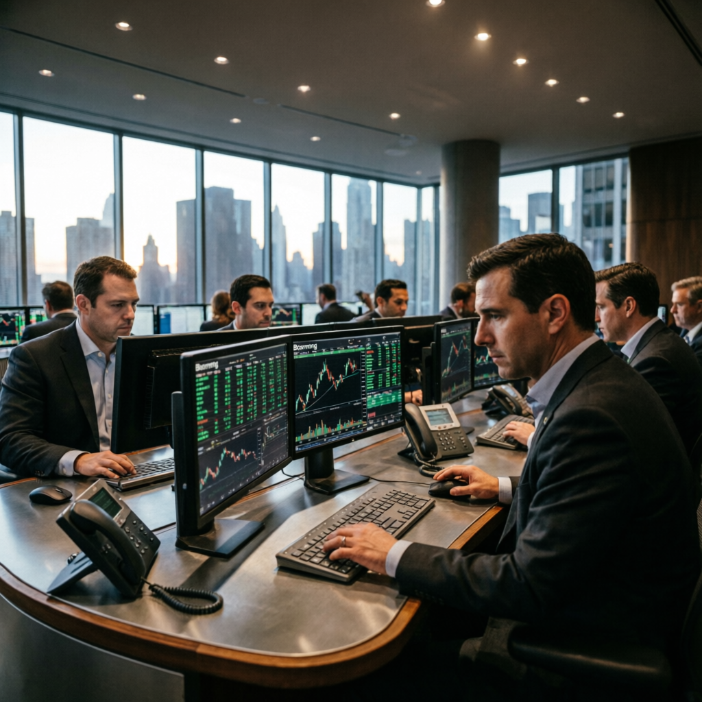 Professional prop firm trading floor with multiple traders at workstations
