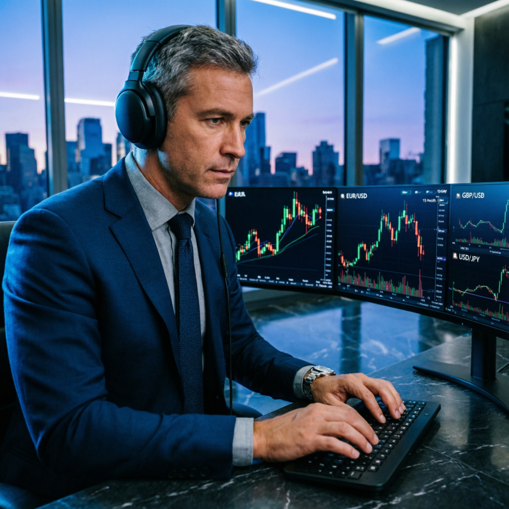 Professional forex trader with headset analyzing multiple currency charts