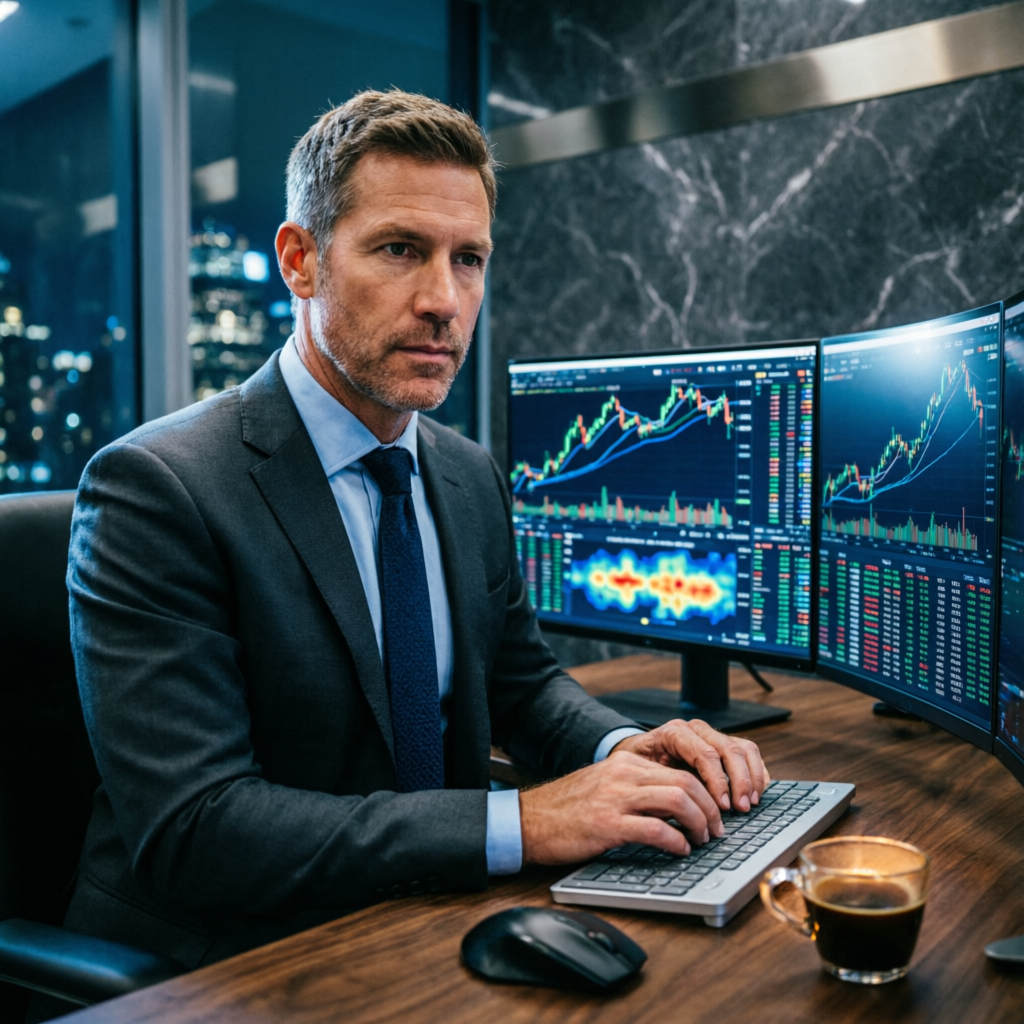 Professional Topstep trader analyzing futures markets on multiple monitors