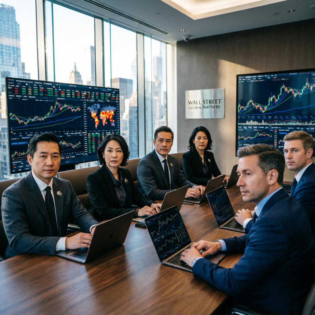 Professional trading team at Wall Street investment firm