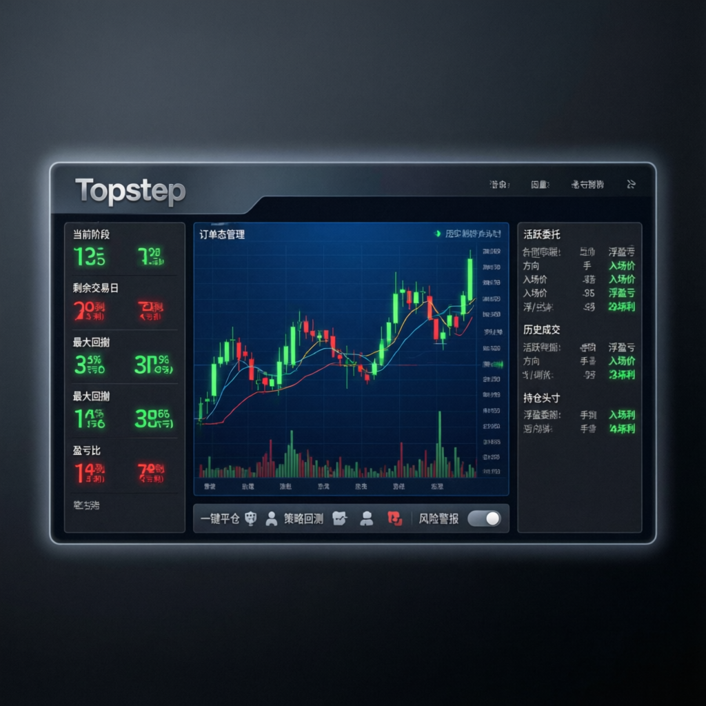 Topstep trading platform interface with futures charts and order management