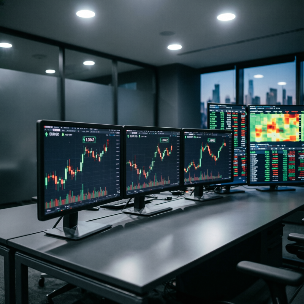 Professional trading desk setup with multiple monitors displaying EURUSD forex charts
