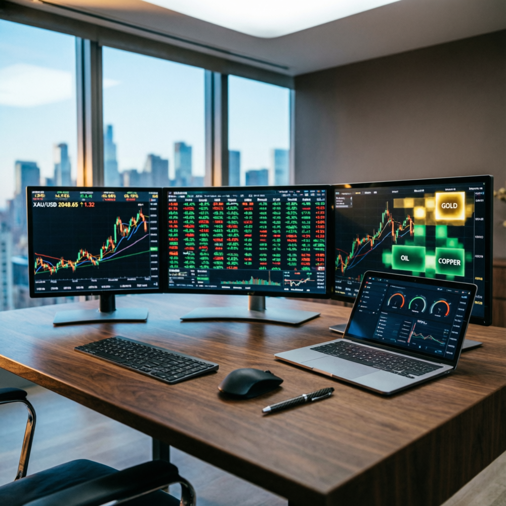 Multi-monitor trading setup with live market data