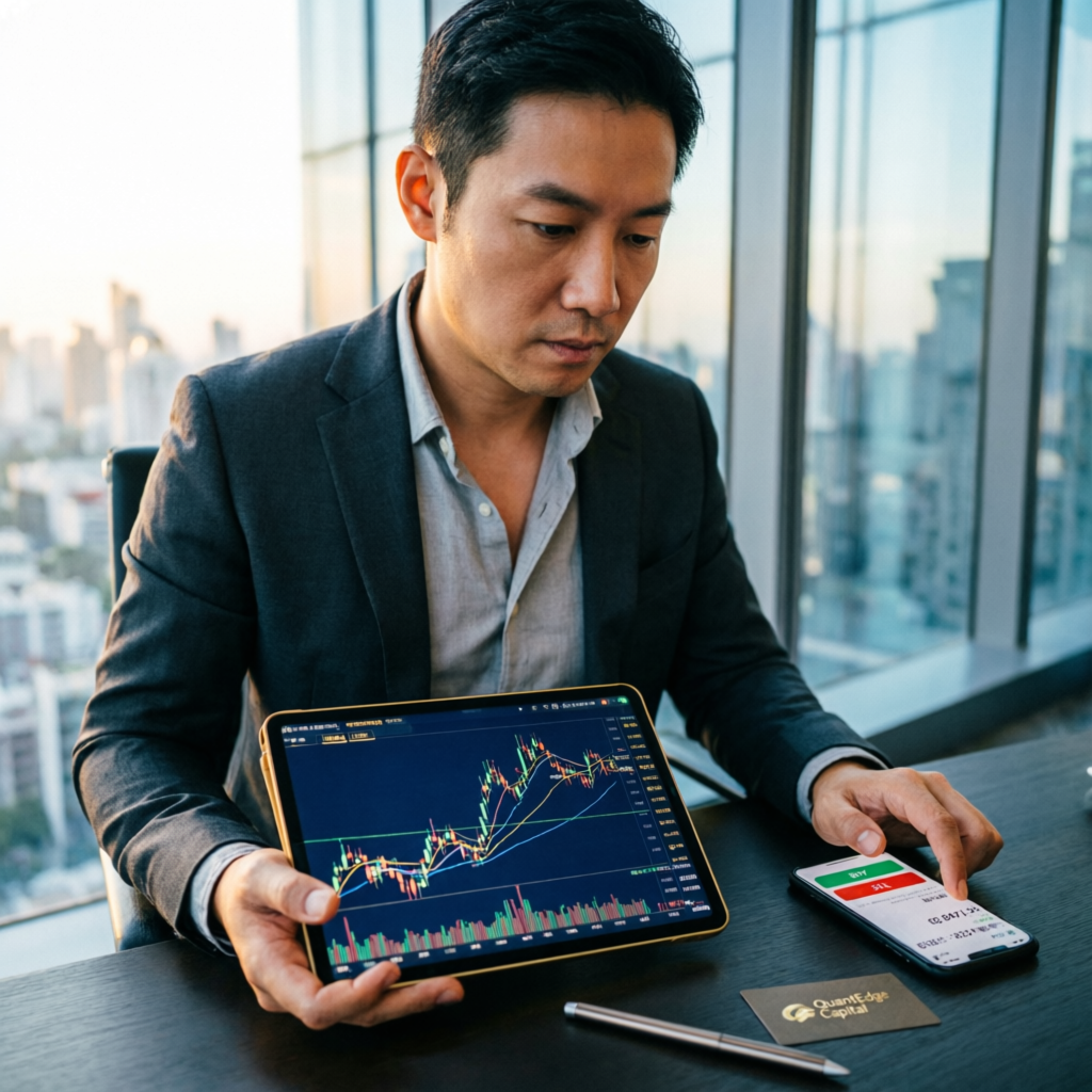 Professional trader analyzing markets on tablet