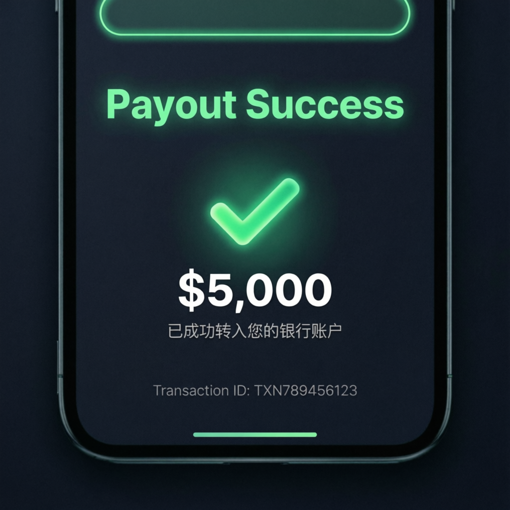 Payout success notification showing $5,000 withdrawal