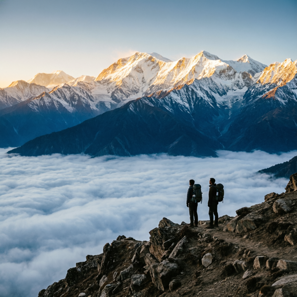 Trekkers watching golden sunrise over snow-capped Himalayan peaks above a sea of clouds — best Himalayan expedition view in Kullu, Himachal Pradesh