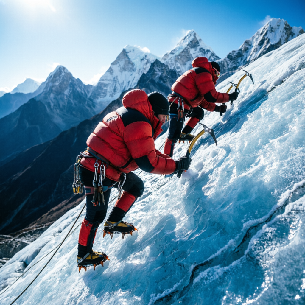 Mountaineers in red jackets climbing a steep ice slope with ice axes — best mountaineering expeditions in Kullu, Himachal
