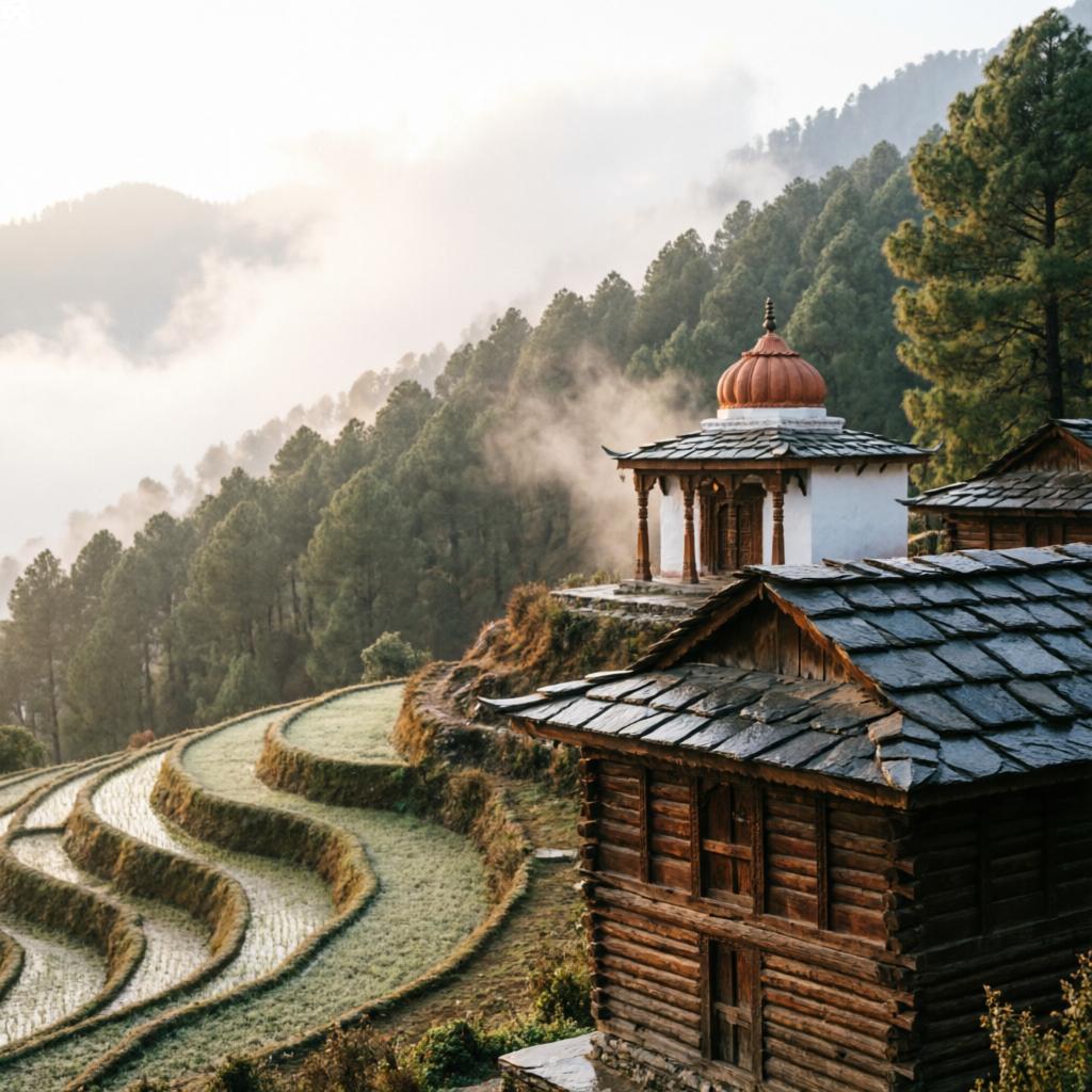 Traditional Himachali temple and wooden houses on a misty Kullu hillside — Kullu scenery, Himachal Pradesh