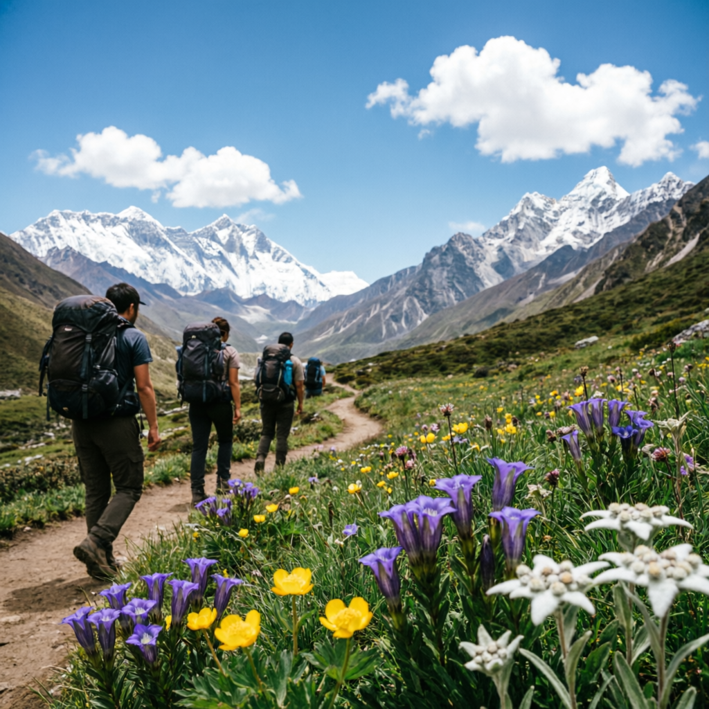 Hikers on a wildflower alpine meadow trail beneath snowy peaks — best trekking in Kullu Manali region