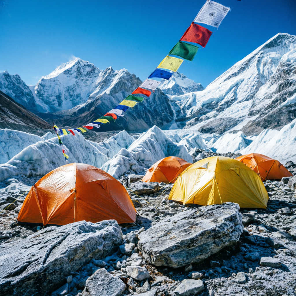 Expedition base camp tents and prayer flags below Himalayan peaks — best Himalayan expedition in Himachal Pradesh