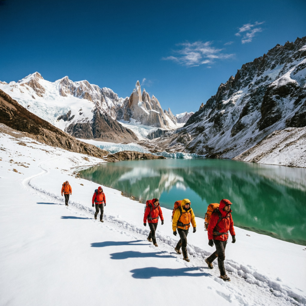 Trekkers beside a turquoise glacial lake in a high altitude valley — high altitude adventures in Himachal Pradesh