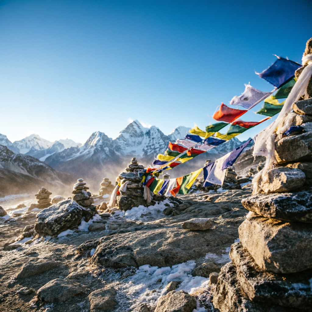Prayer flags at a high altitude Himalayan pass with snow peaks — best high altitude expedition in Himachal Pradesh