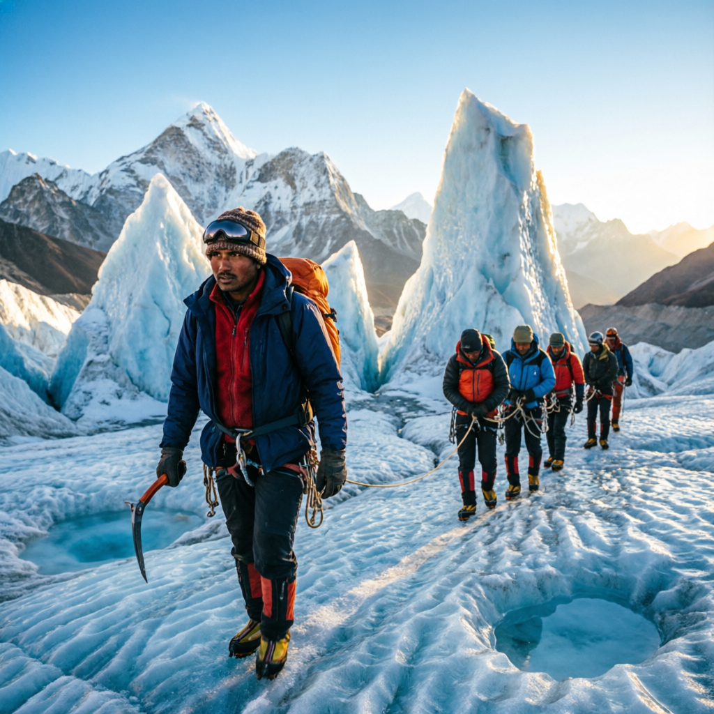Guide leading a roped team across a glacier with ice towers — guided mountain expeditions in Himachal