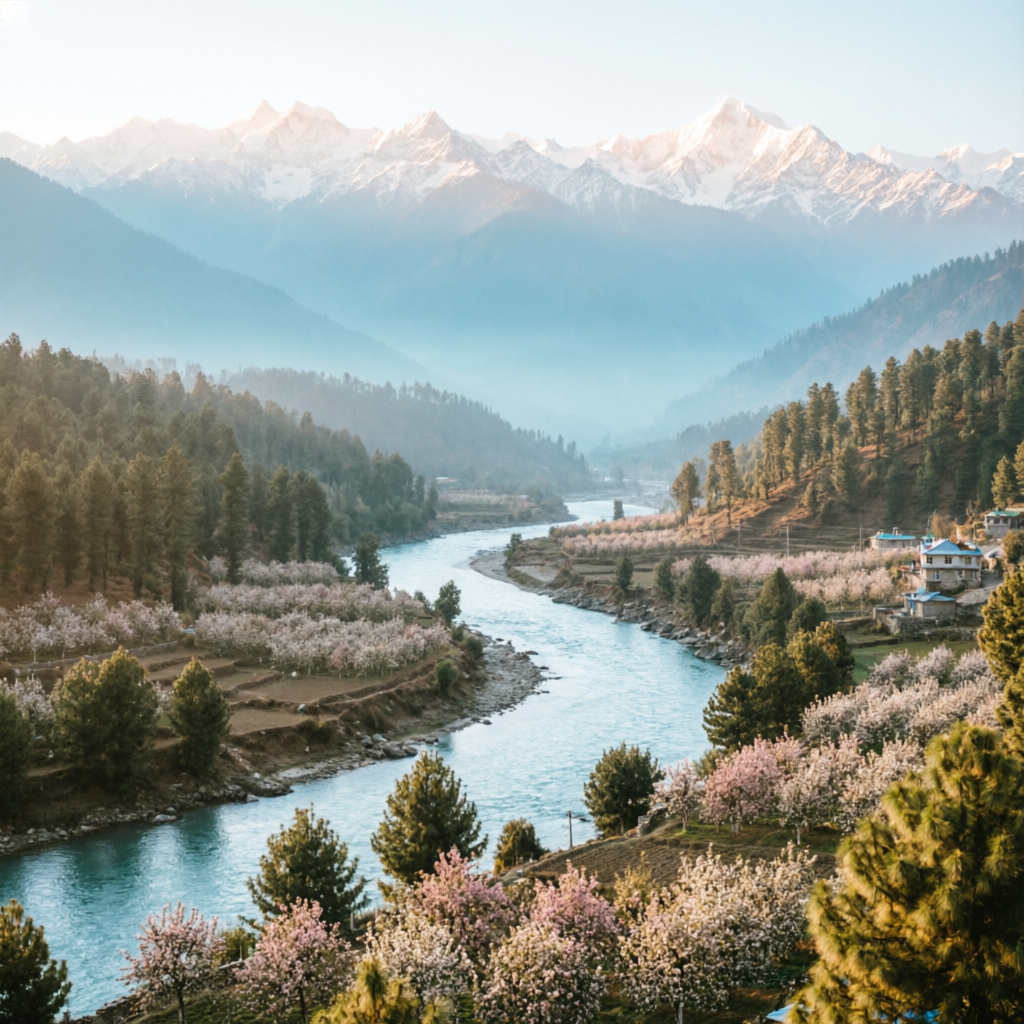 Scenic Kullu valley panorama with river, orchards and snowy peaks — best Kullu landscapes in Himachal Pradesh