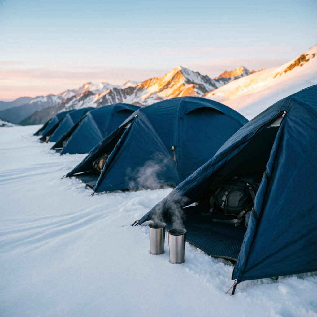 Row of expedition tents at dawn with steaming cups on snow — expedition camps in Himachal Pradesh