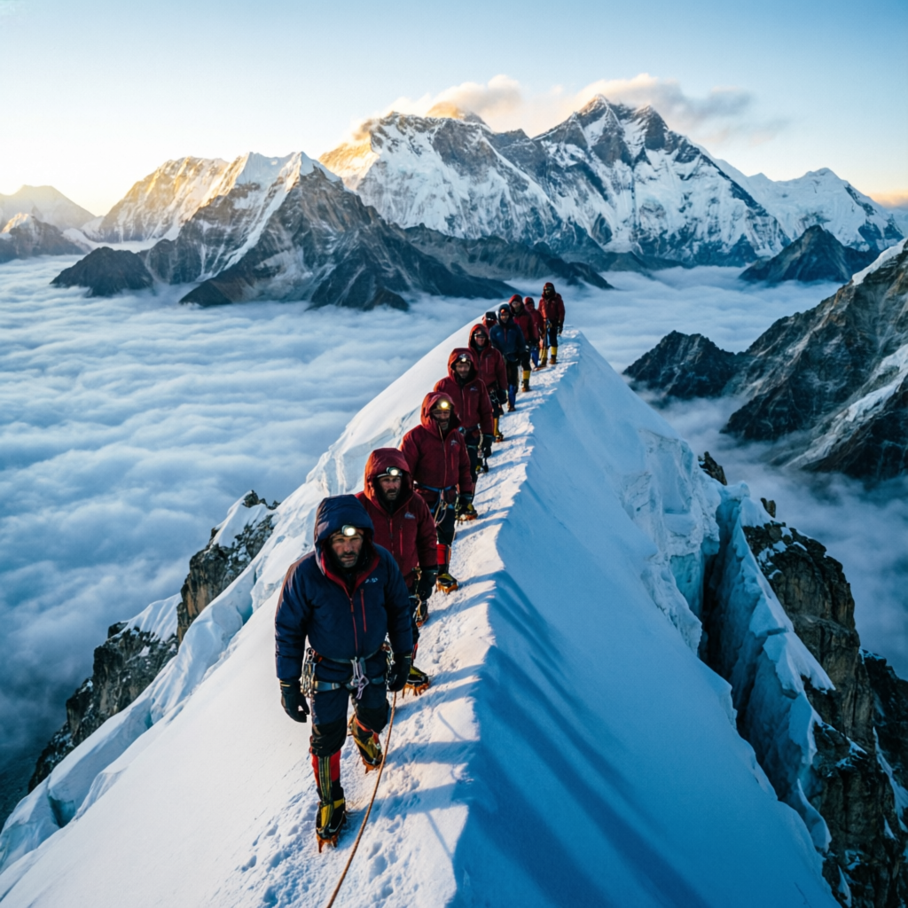 Roped climbing team on a snowy summit ridge at dawn — best peak climbing in Kullu, Himachal Pradesh