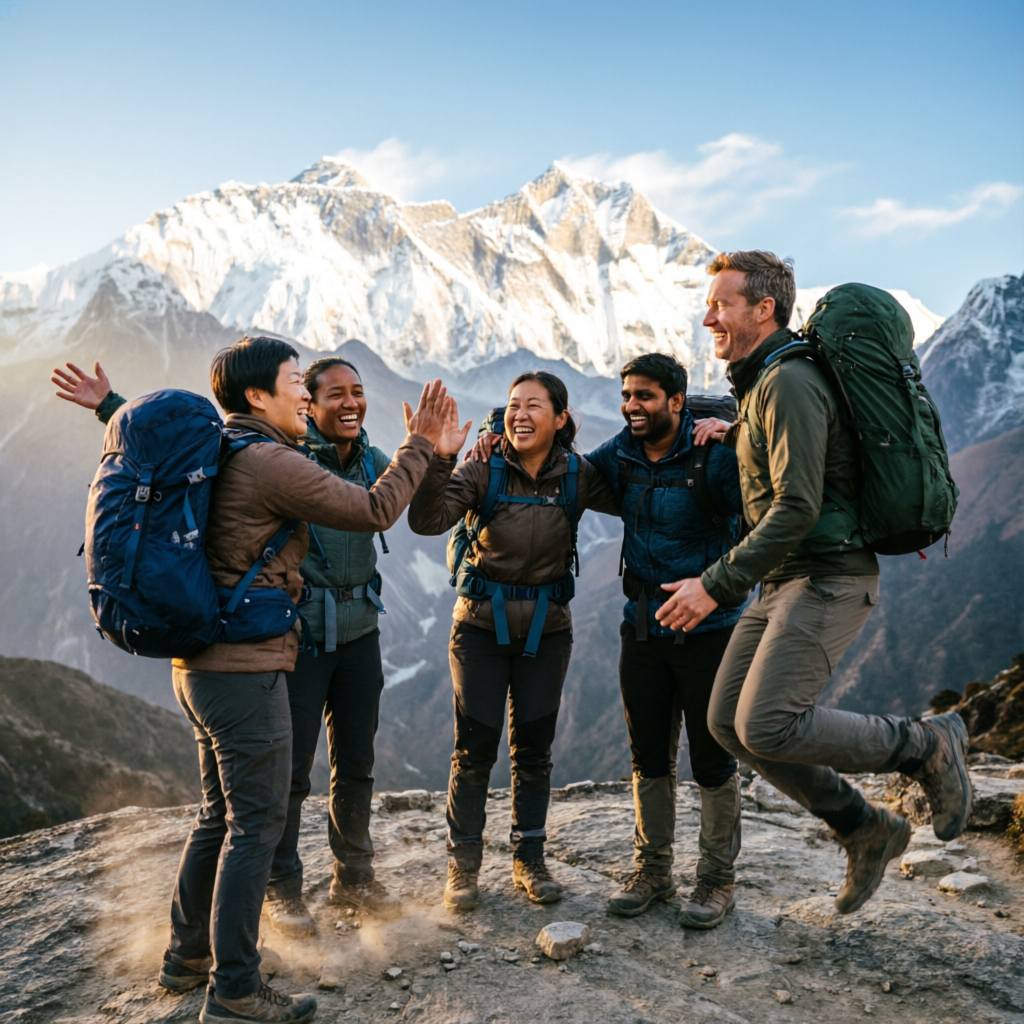 Happy adventure group high-fiving at a Himalayan viewpoint — adventure groups in Kullu, Himachal Pradesh