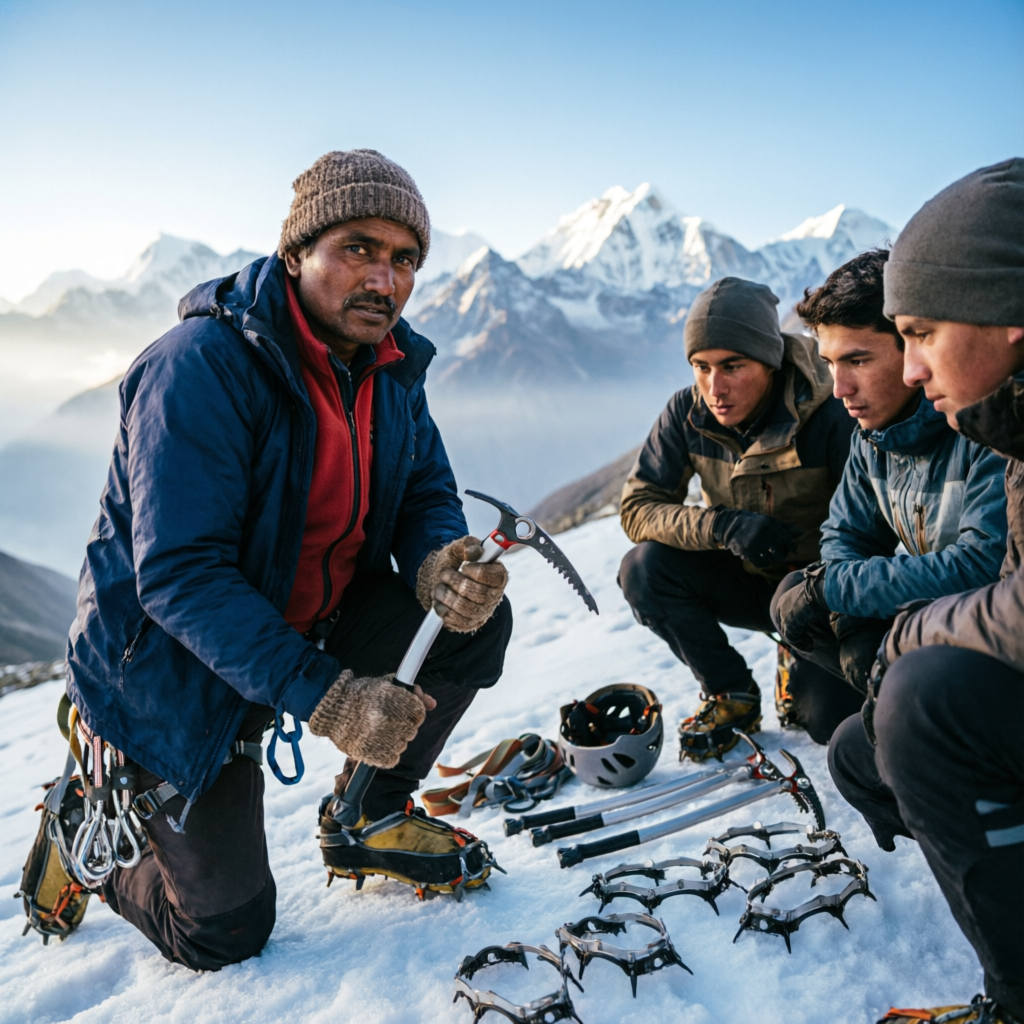 Mountain guide teaching ice axe and crampon techniques at a snow training camp in Himachal Pradesh