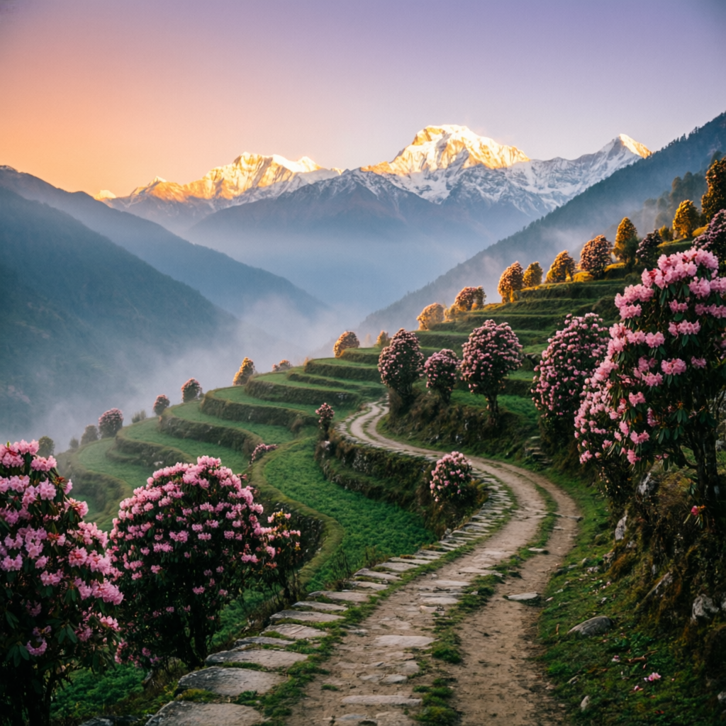 Winding Himalayan trail through rhododendron terraces at golden hour — trekking through Himalayan trails in Kullu
