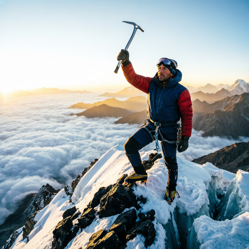 Climber raising an ice axe on a snowy summit at sunrise — peak climbing experiences in Kullu