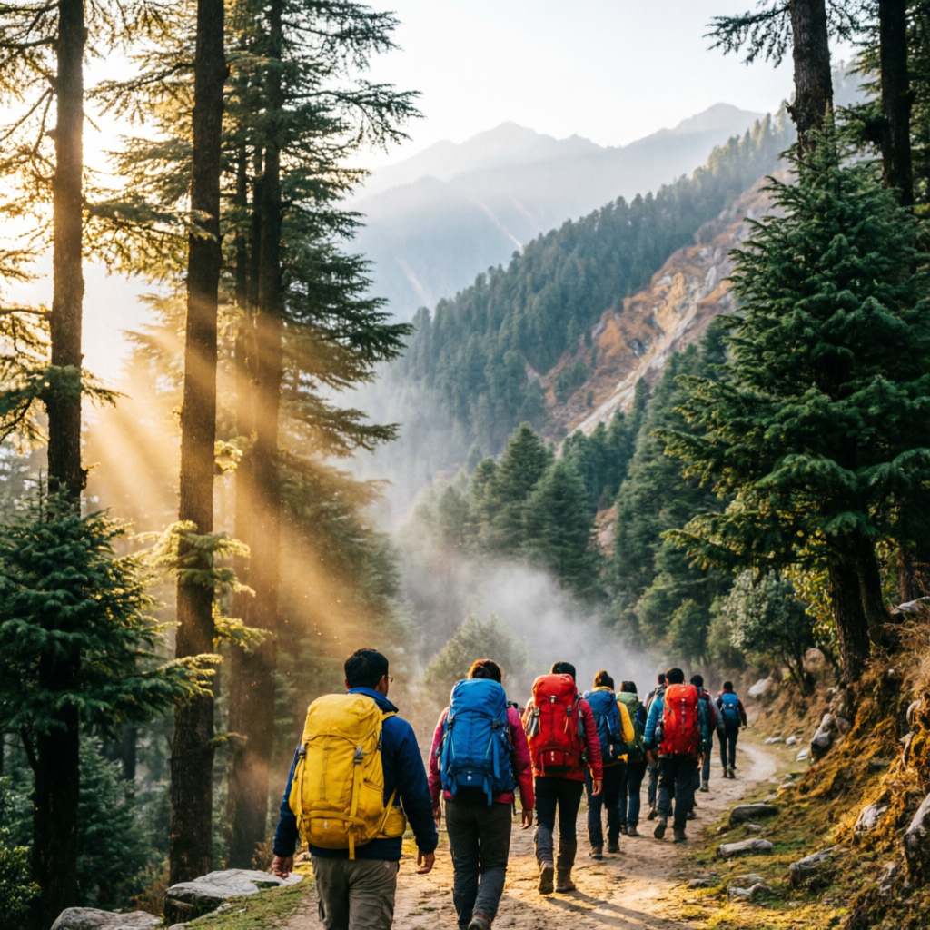 Trekking group hiking a sunlit pine forest trail in Kullu Valley — best trekking adventure in Kullu, Himachal Pradesh