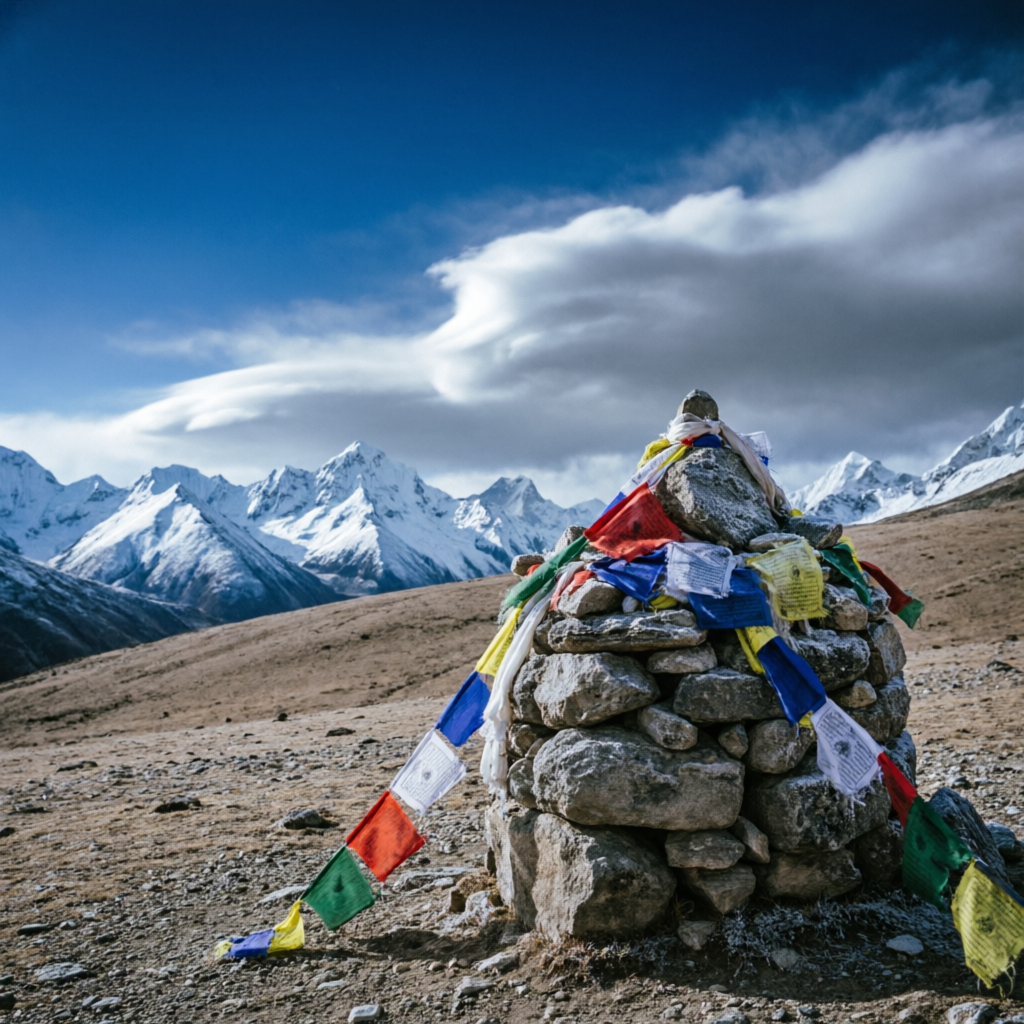 Stone cairn with prayer flags in a high altitude Himalayan landscape — high altitude environment in Himachal