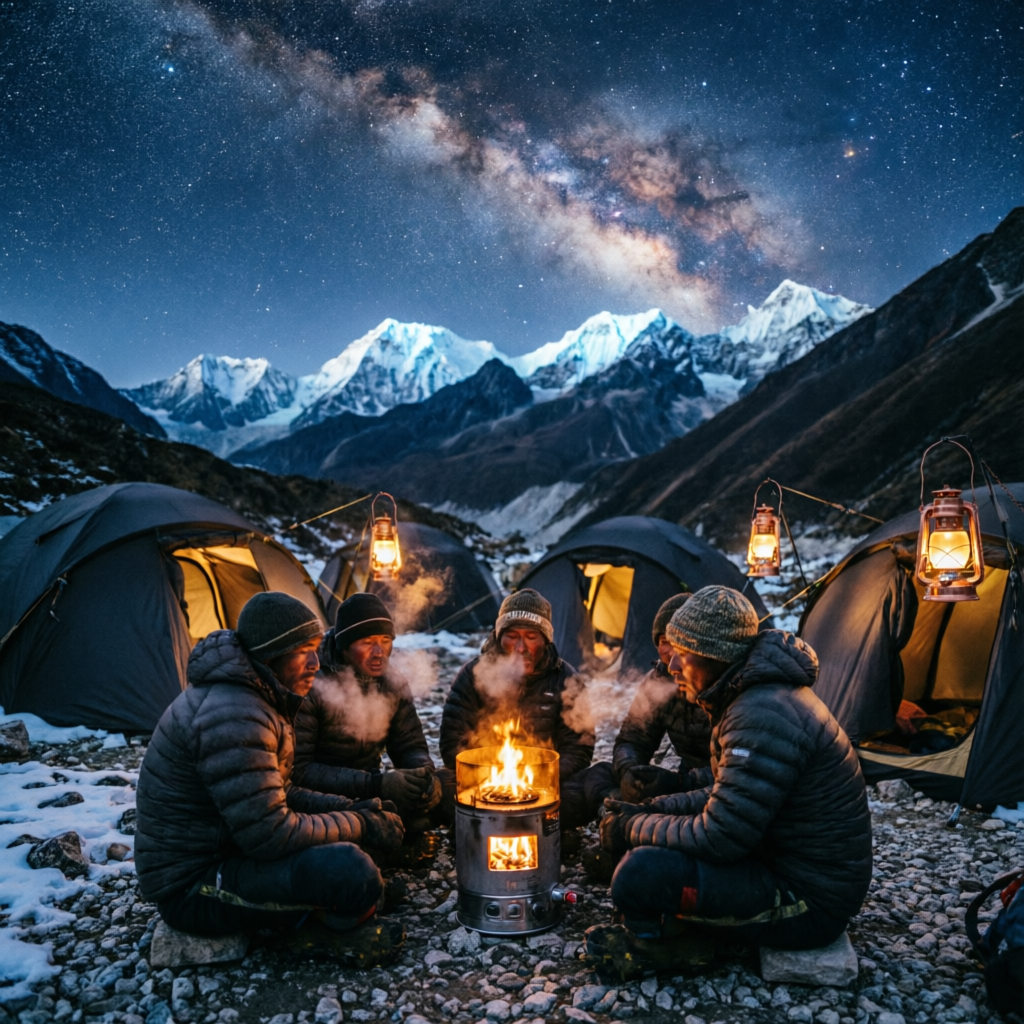 Climbers around a camp stove under a starry Himalayan sky — expedition camps and mountain life in Kullu