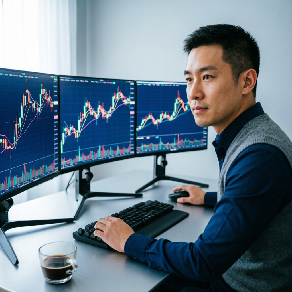 Professional trader analyzing multiple timeframe charts on trading screens