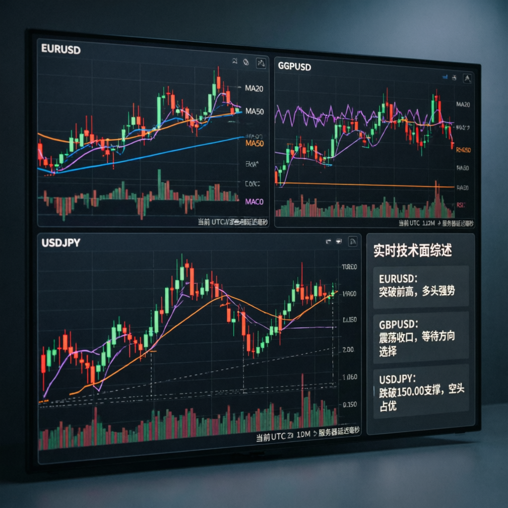 Forex market analysis showing EURUSD, GBPUSD, and USDJPY charts with technical indicators
