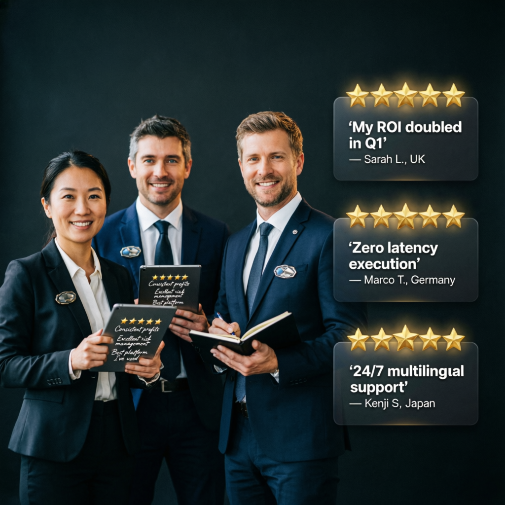 Satisfied traders giving five star reviews for professional prop trading services