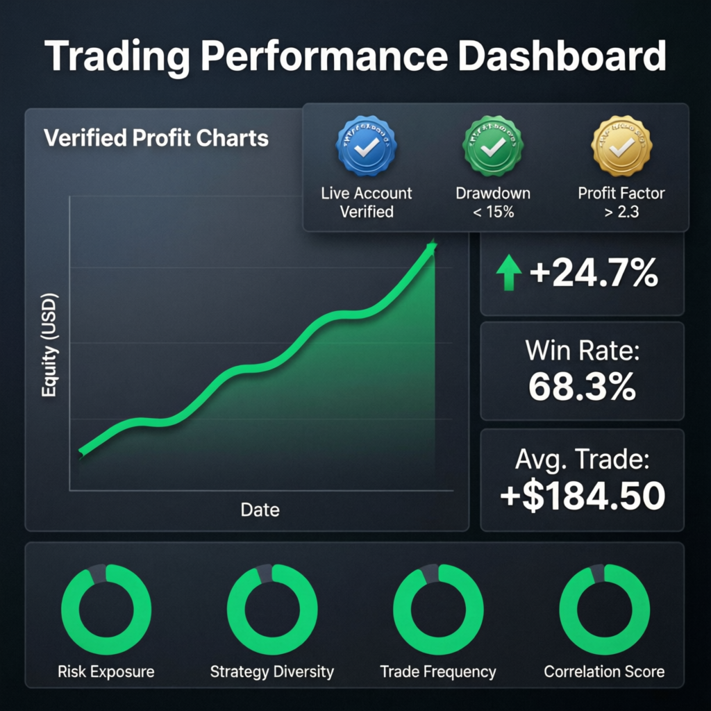 Trading performance dashboard with verified profit charts and Myfxbook verification badges