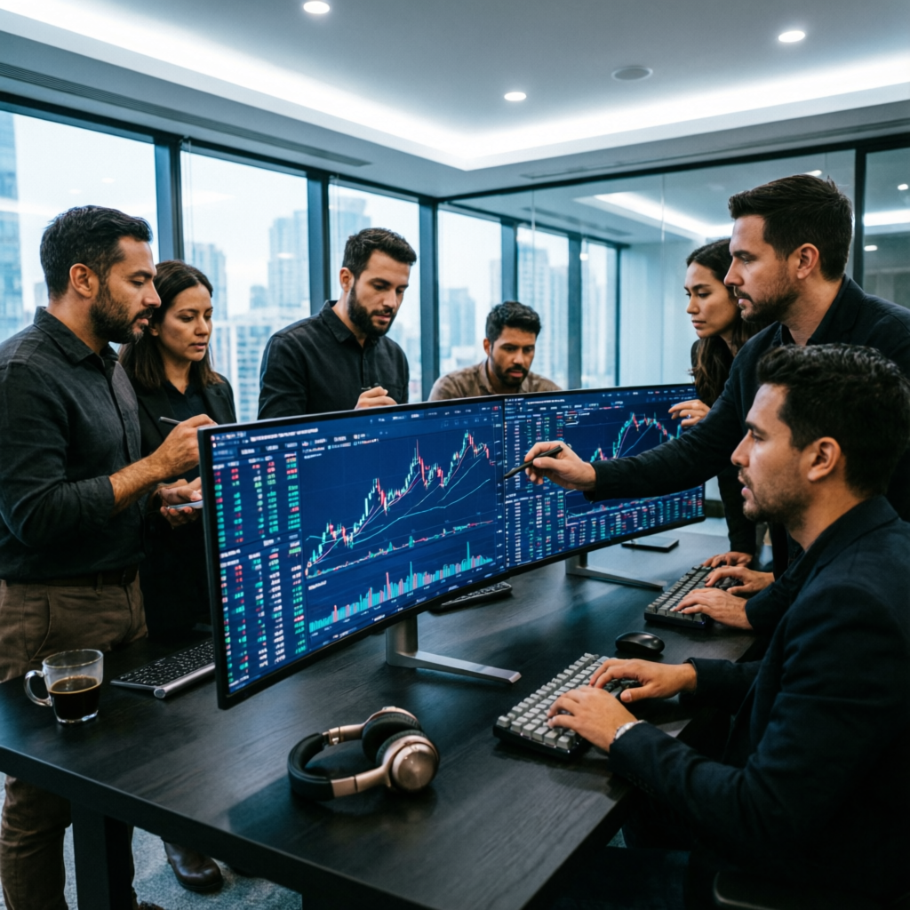 Professional prop trading team collaborating on trading strategies in modern office