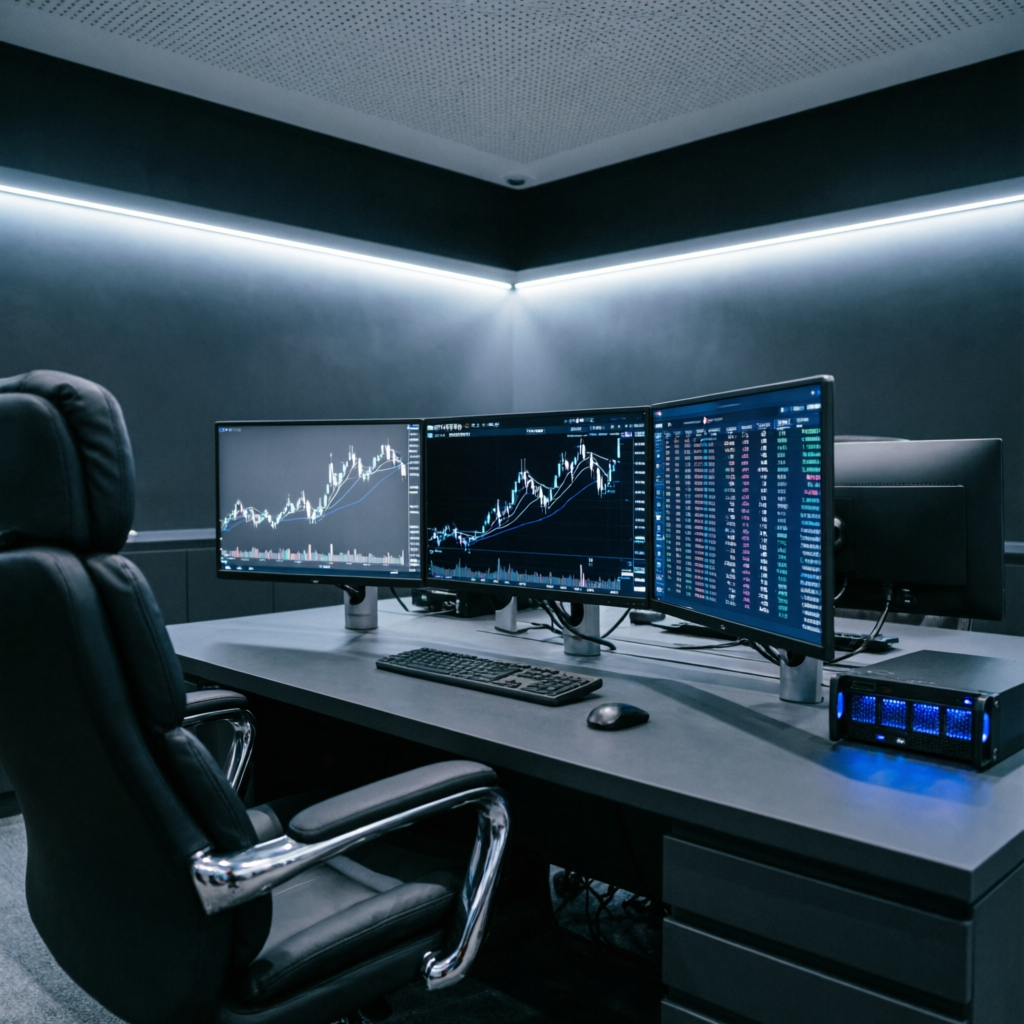 Professional forex trading desk with multiple monitors