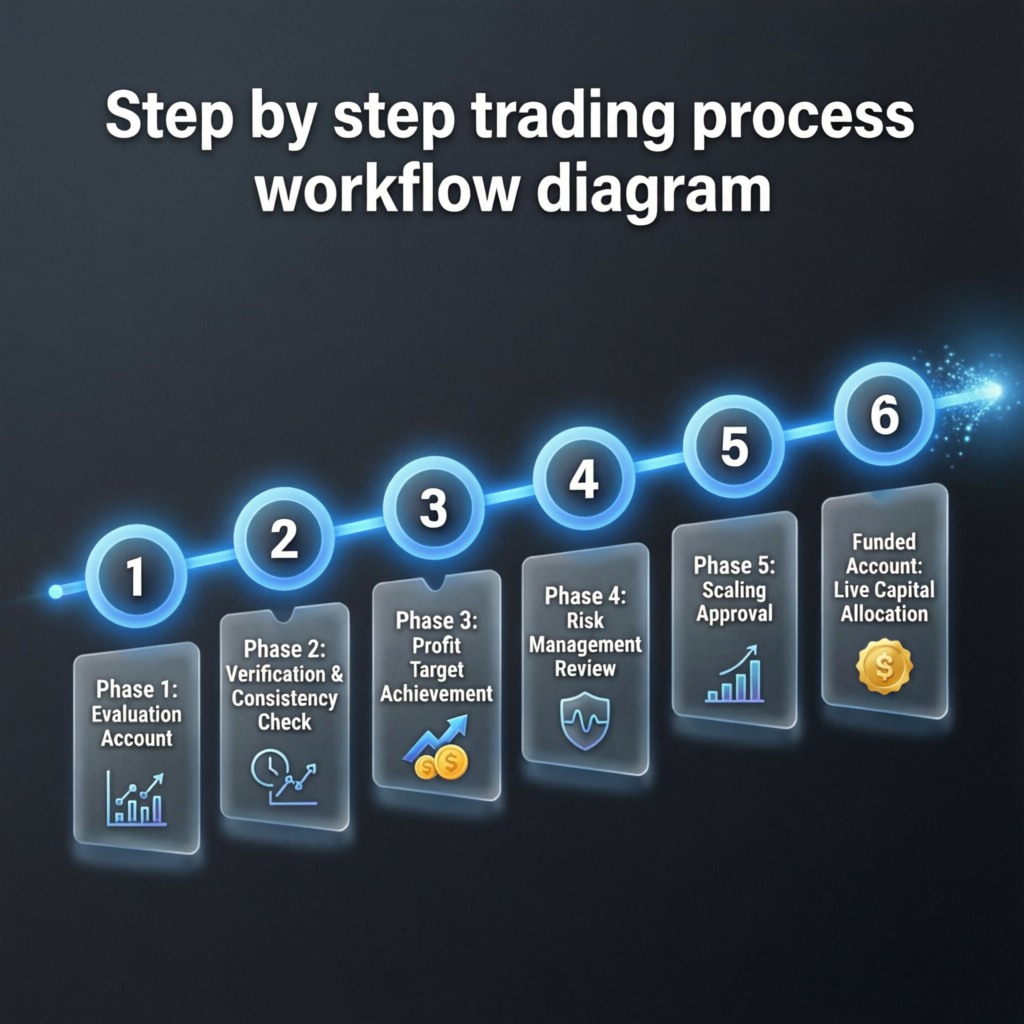 Step by step trading process workflow diagram showing evaluation to funded account progression
